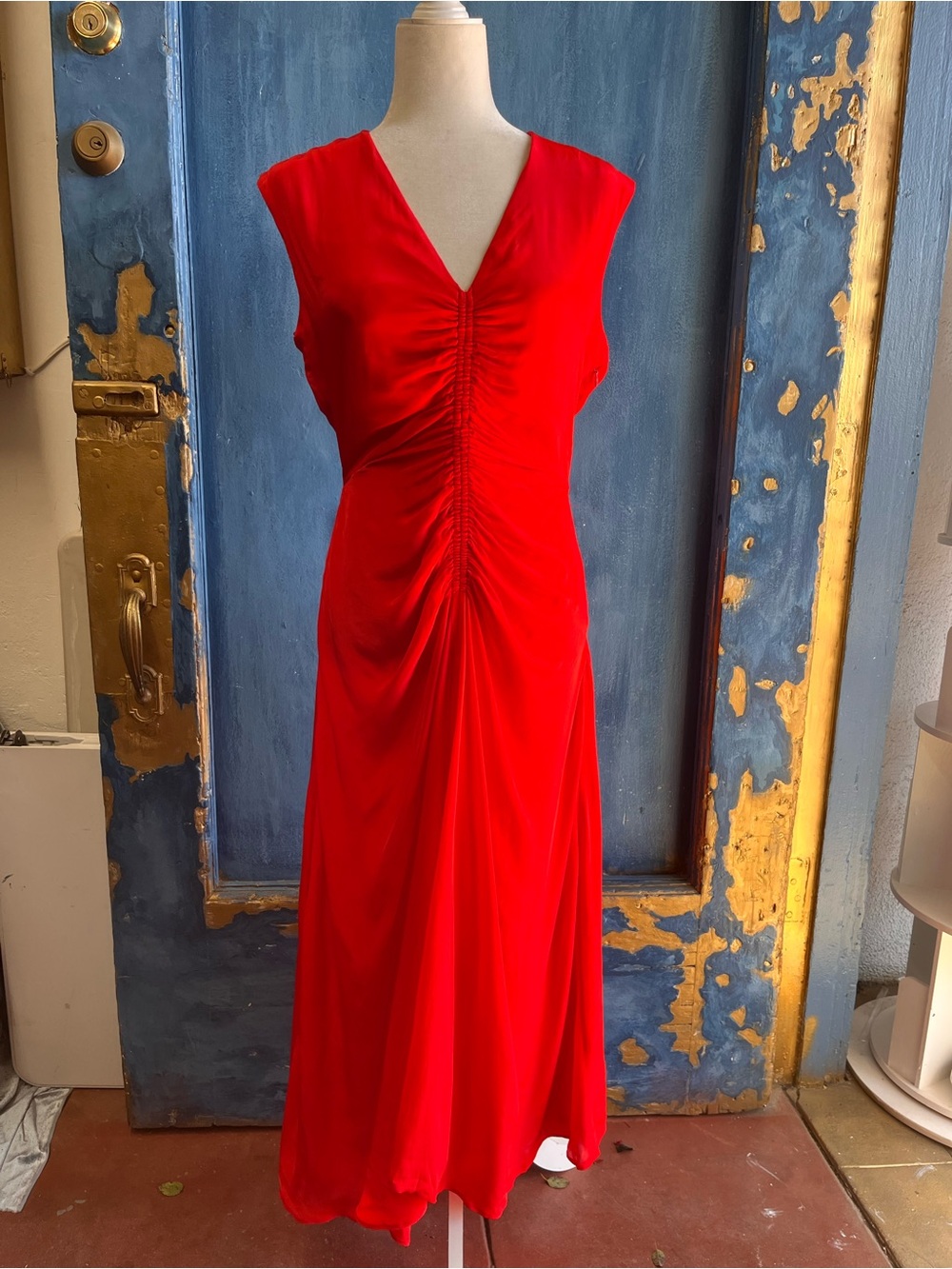 Mariacher Sleeveless Red V-Neck Ruched Maxi Dress